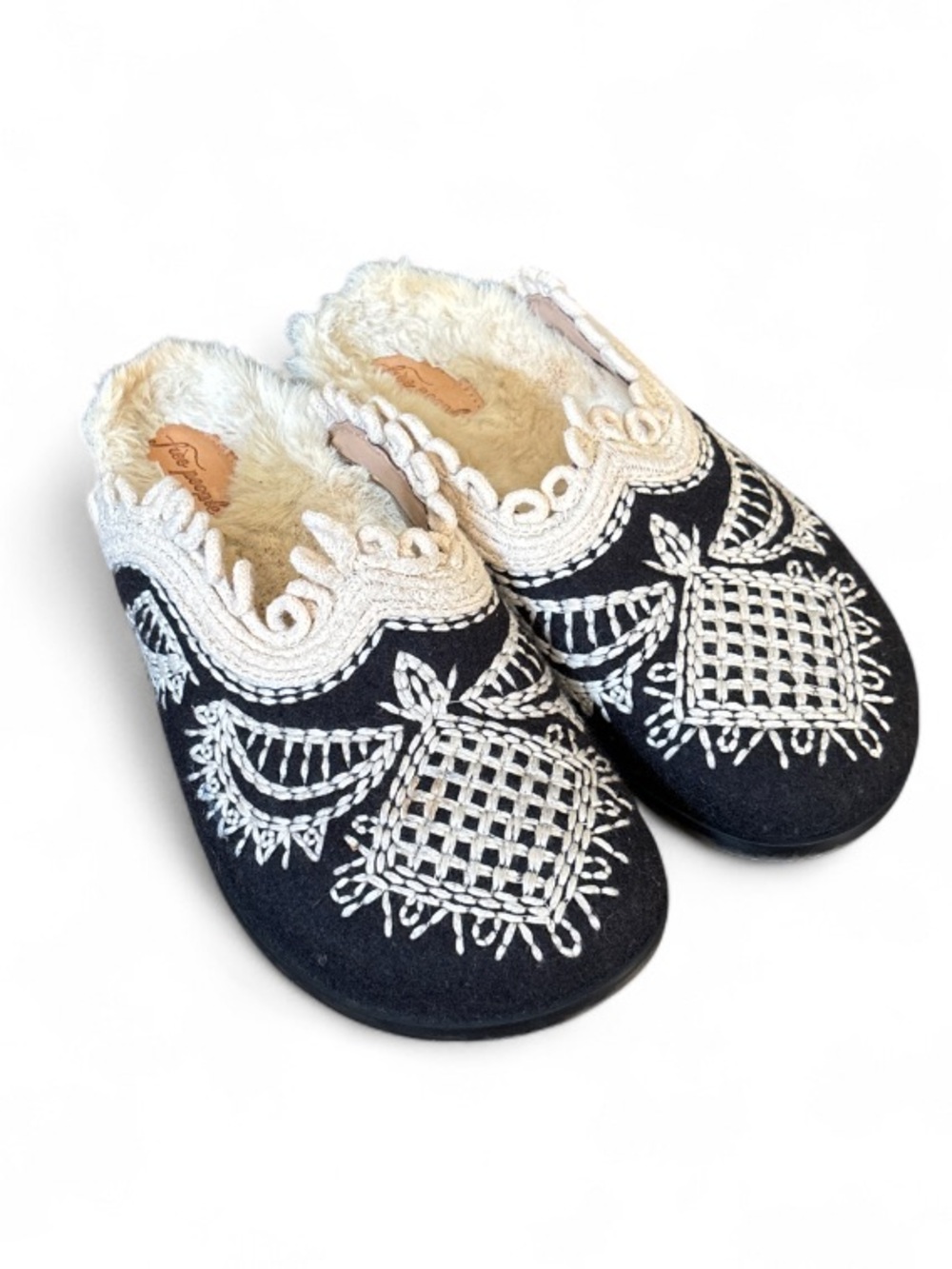 Free People Walden Mule Faux Fur Embroidered Clog Black & Cream Boho Size 37